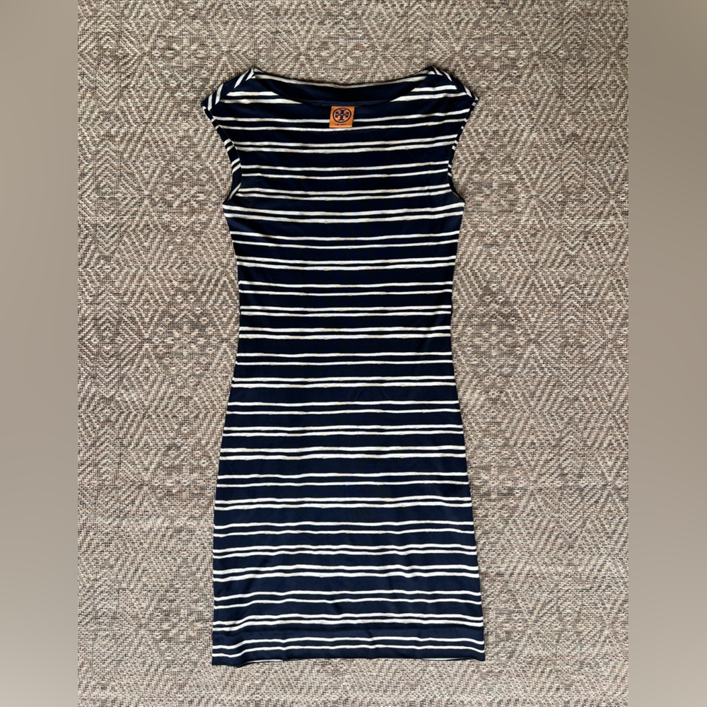 Tory Burch 100% Silk Women's Navy‎ Stripe Sheath Dress Nautical